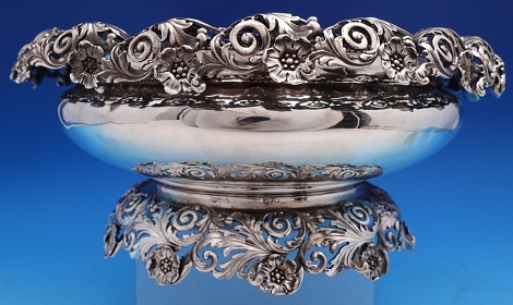 Centerpiece Bowl #1699 dated 1871-1896 cast and applied leaf and flower border footed  wt. 46.45ozt 4 3/4